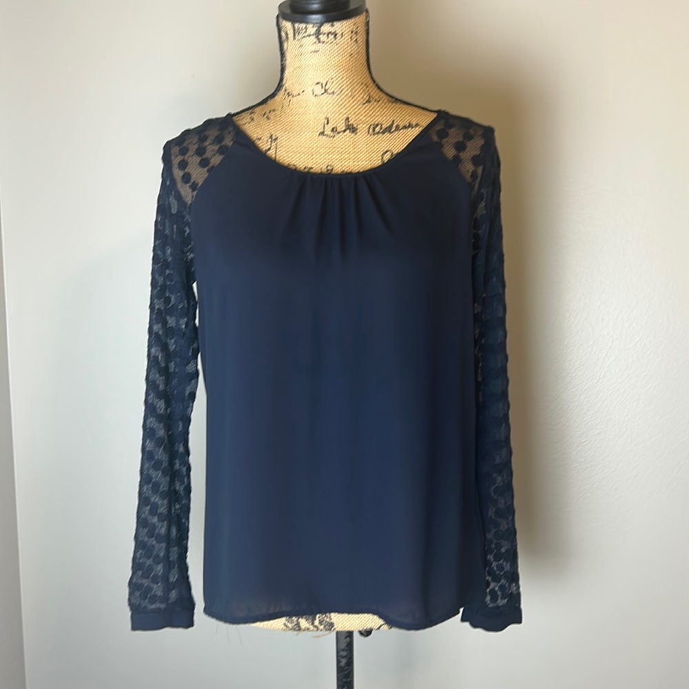 Adrianna Papell Navy Lace Sleeve Top